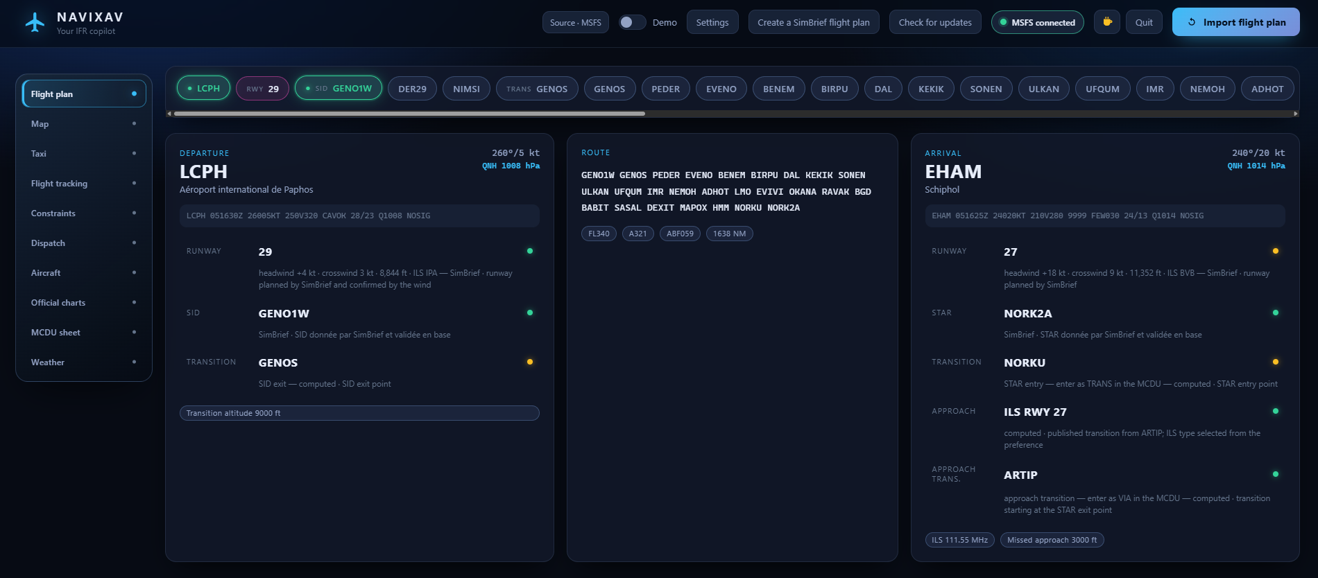 Interface réelle de NaviXav : module Plan de vol du vol LCPH vers EHAM, avec départ, route et arrivée